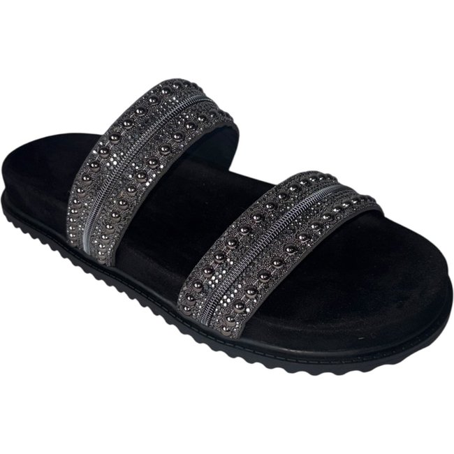 Sandália Papete Pedraria Strass Amarena Preto Brilhante