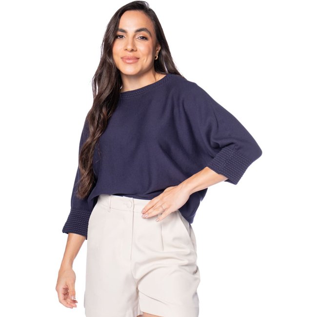 Blusa Feminina Biamar Algodão Ponto Pipoca Marinho