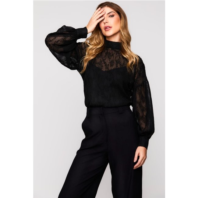 Blusa Manga Longa Lemmut Bufante Texturizada Preto