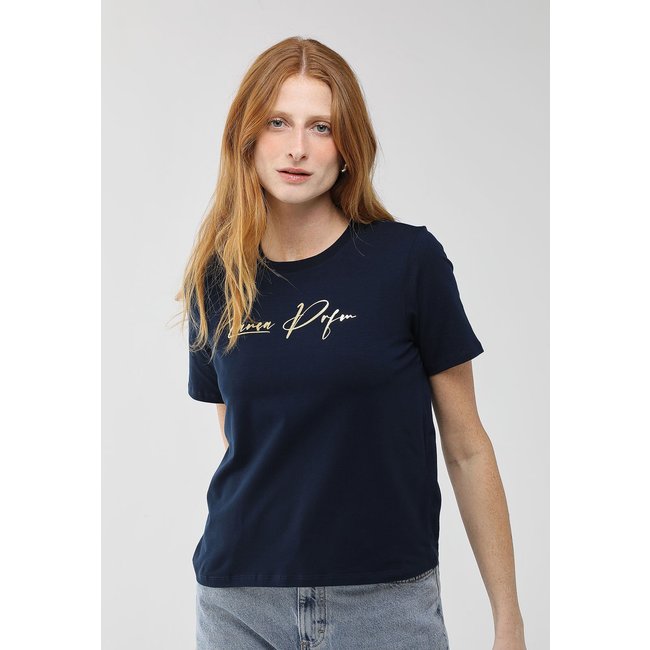Camiseta Feminina Lança Perfume Logo Dourado Azul Marinho