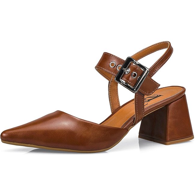 Scarpin Feminino Lóris Shoes Bico Fino Salto Bloco Confortável com Fivela Sapato Social 18400 Caramelo