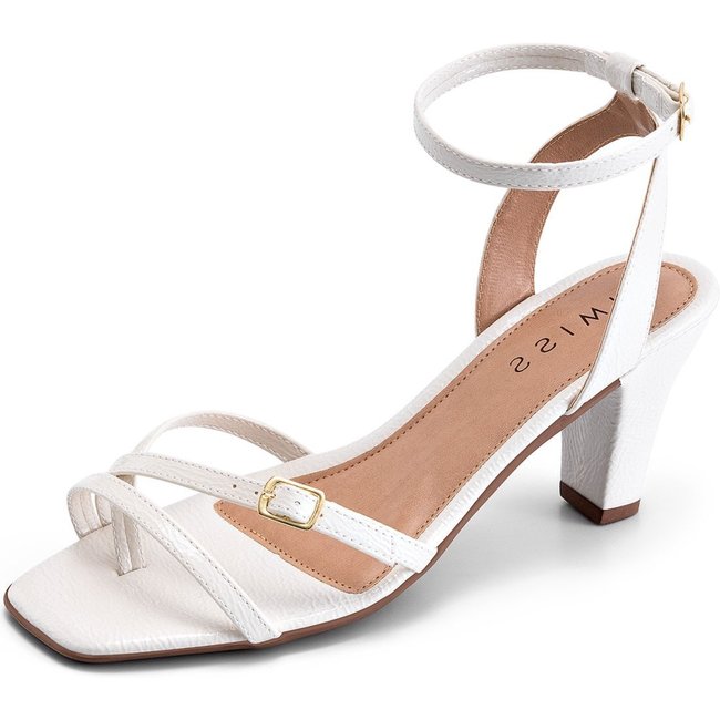 Sandália Feminina Lumiss Salto Fino Médio Bico Quadrado Fivela Verniz Off White