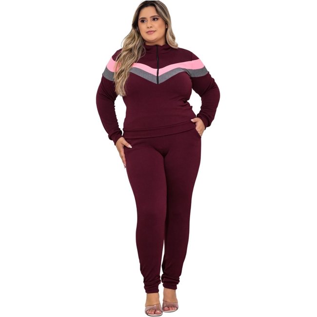 Conjunto Summer Body Plus Size Quentinho Blusa Frio Calça Malha Crepe Vinho