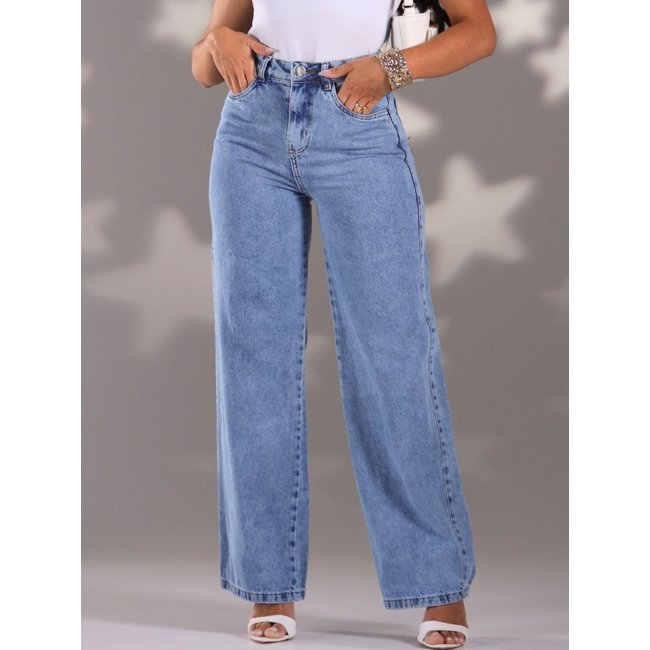 Calça Donna De Paula Wide Leg Jeans Claro Feminina Cintura Alta