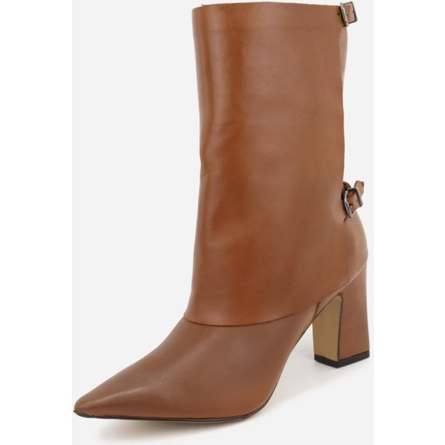 Bota Feminina em Couro Cano Médio Luxo Salto Grosso Bico Fino Elegante Maria Paula Camel