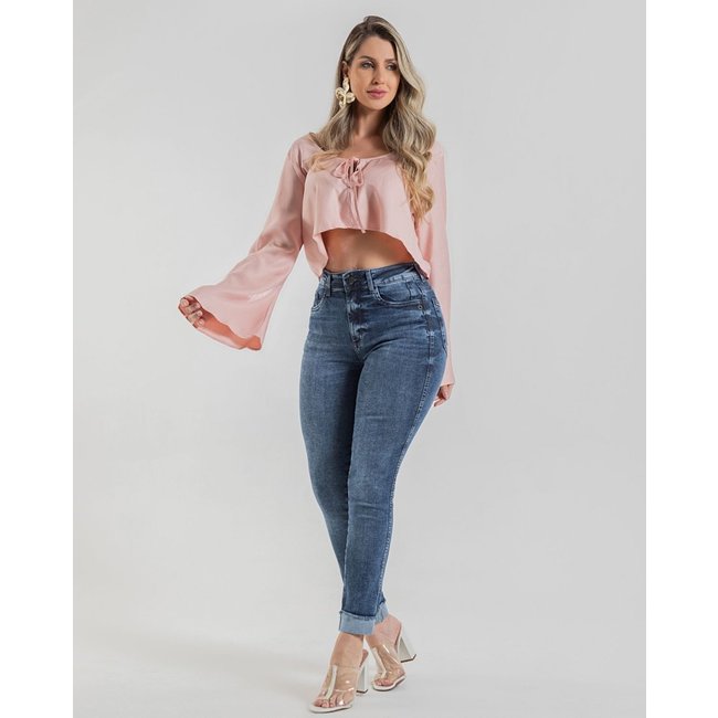 Calça Feminina C/ Barra Dobrada - Cigarrete - Black Jeans - Denim Médio