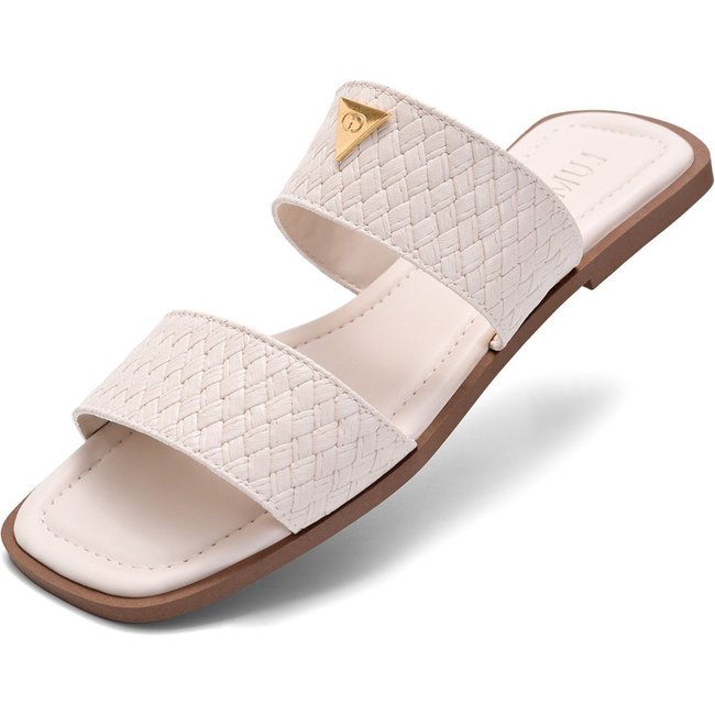 Sandáia Rasteira Feminina Lumiss Tressê Confortável Enfeite Metalizado Off White