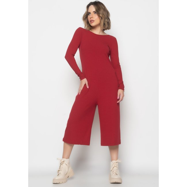 Macacão Manga Longa Salvatore Pantacourt Canelado Salvatore Fashion Vermelho