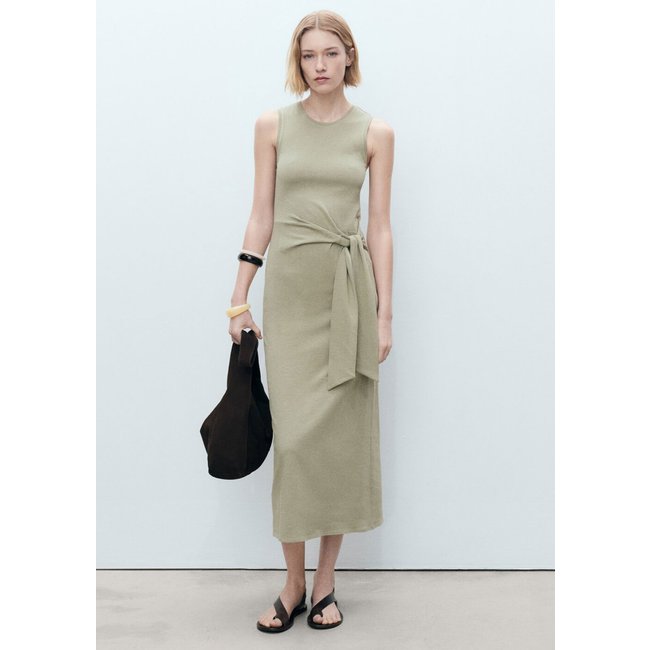 Vestido Mango Midi Amarração Bege