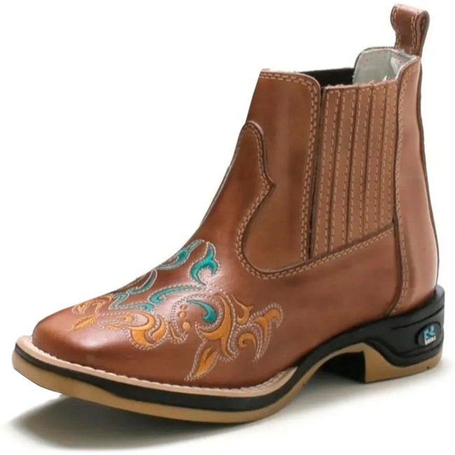 Bota Feminina RR Botas Texana Country Couro Bordado Design Bico Quadrado Resistente Marrom Claro