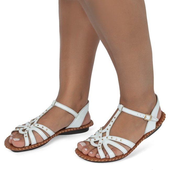 Rasteira feminina Rasteirinha Flor D'Couro em couro Branco 2154