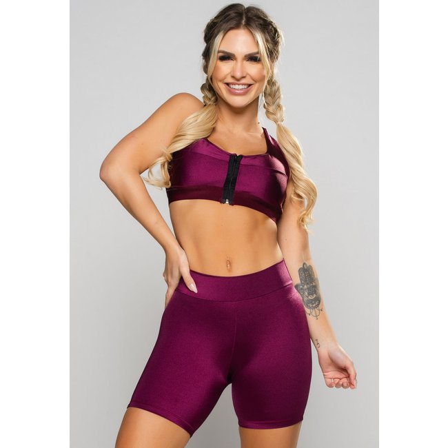 Short MVB Modas Poliamida Brilhosa Feminino Cintura Alta Vinho