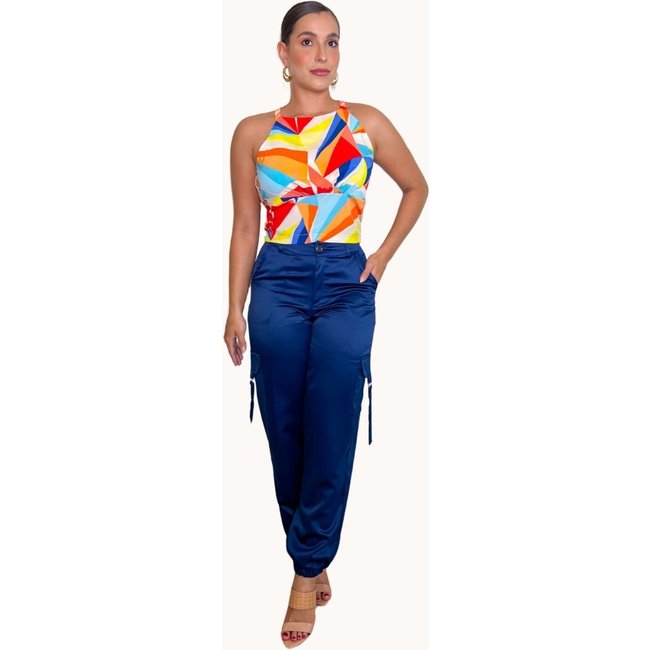 BLUSA FEMININA ESTAMPADA COM LASTEX Laranja
