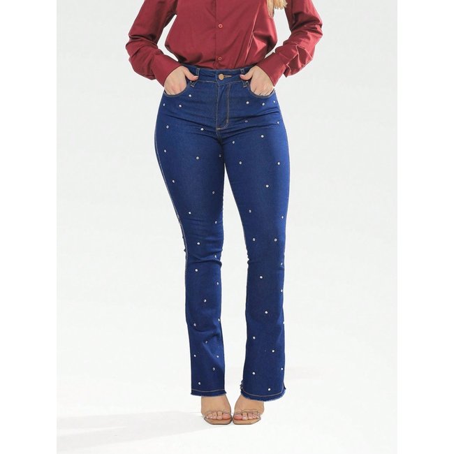 Calça Feminina Flare Jeans Escuro com pontos de Strass
