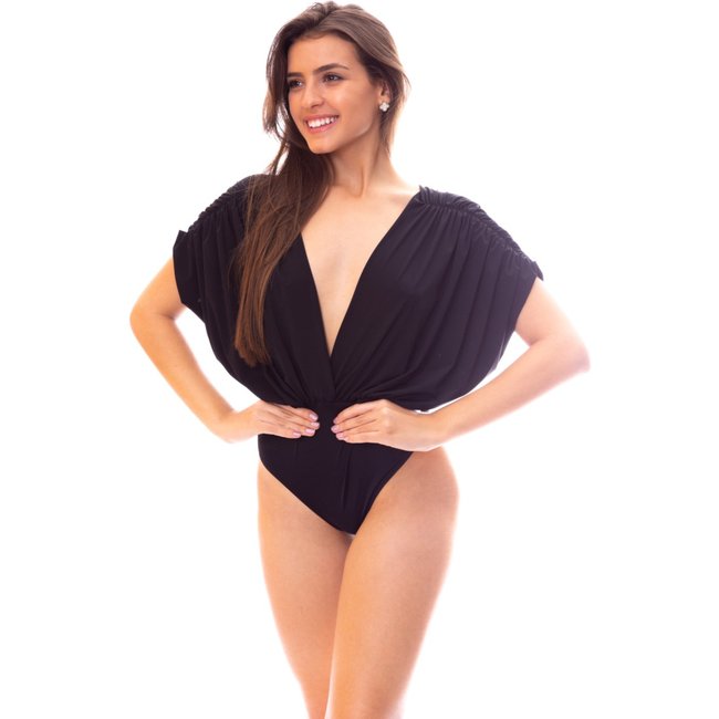 Body Moda Vicio Transpassado Manga Curta Franzido Preto