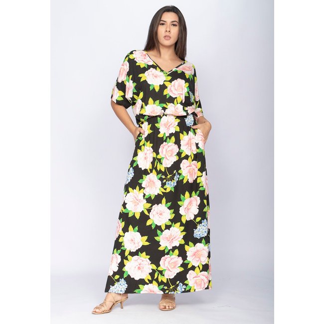 Vestido CabanaFree Longo Plus Malha Estampa Rosas da Meia-Noite