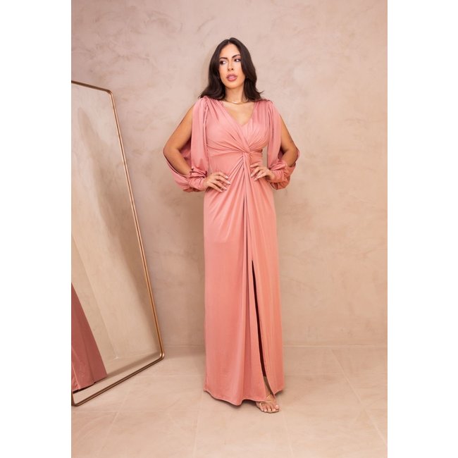 Vestido Longo de Festa Manga Longa com Fenda Elegante Fluity Vênus Rosê