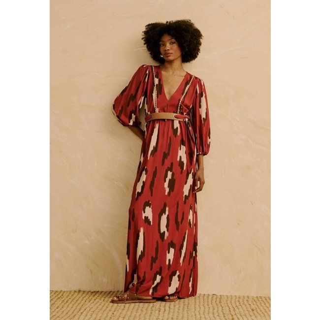 Vestido Maxi Midi Detalhe Vivo Estampado Chimu Marrom
