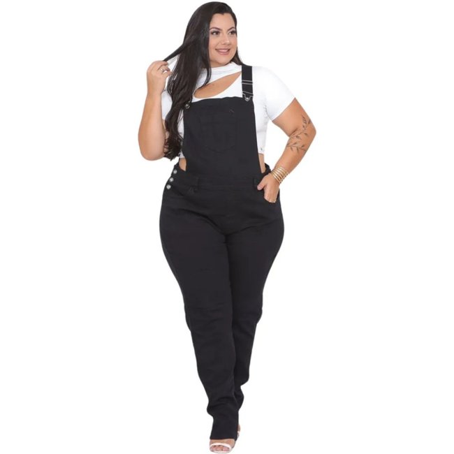 Macacão Jardineira Feminino Jeans Light Plus Size Preto Sarja