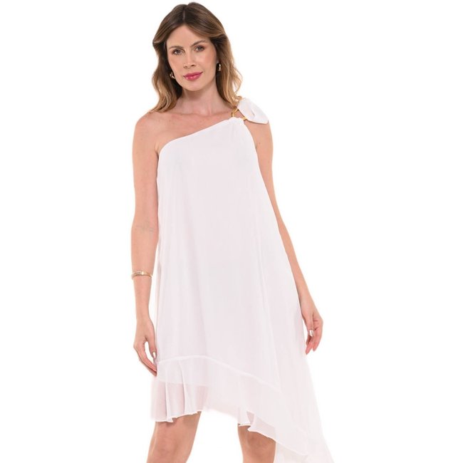 Vestido Bisô Curto Assimétrico Chifon Off White - Off White