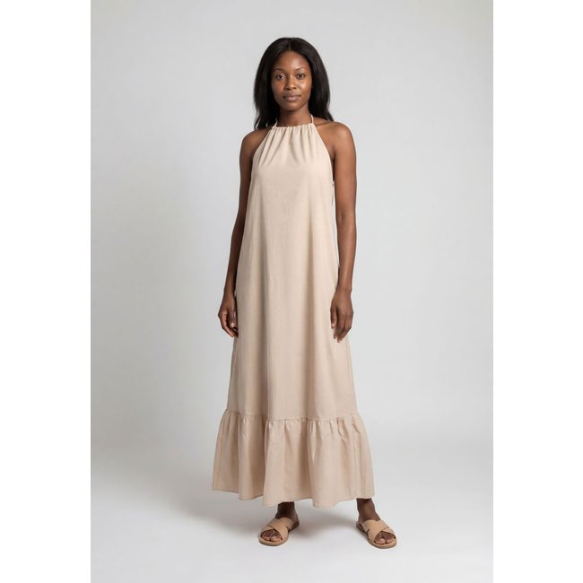 Vestido Feminino Lança Perfume Decote Halter Babados Bege