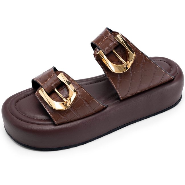 Sandália Flatform Feminina Lumiss Croco Fivelas Dourada Confortável Marrom