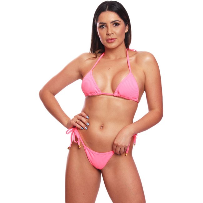 Conjunto Biquíni Amarrar Cortininha Bojo Removível Fio Dental FMF Rosa