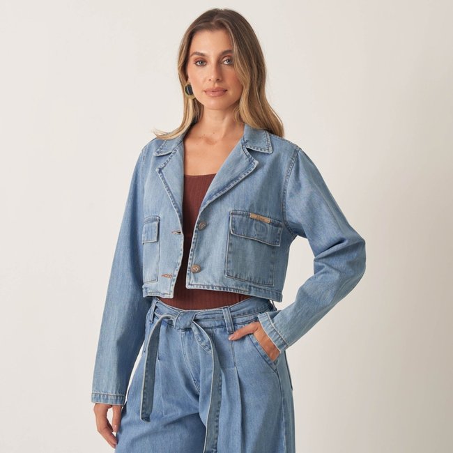 Blazer Jeans Cropped Com Bolso Cargo