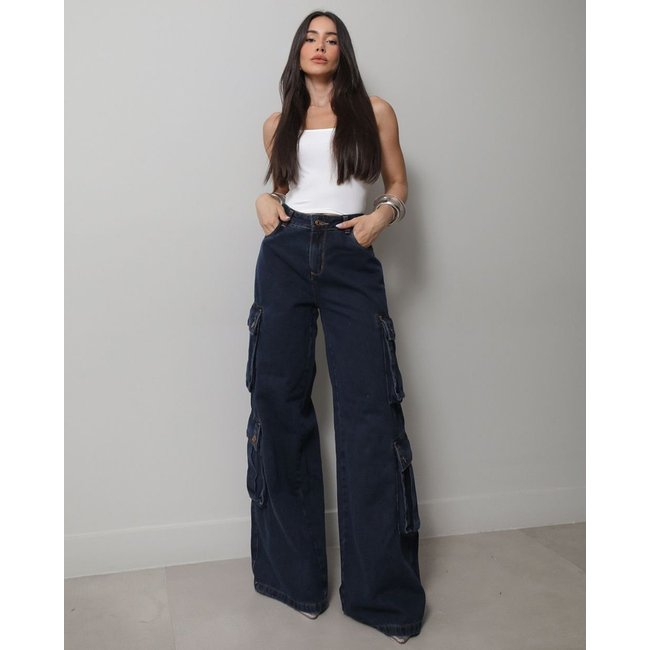 Calça Jeans Wide Leg Feminina Relaxed Cargo 24805 Black Blue Consciência