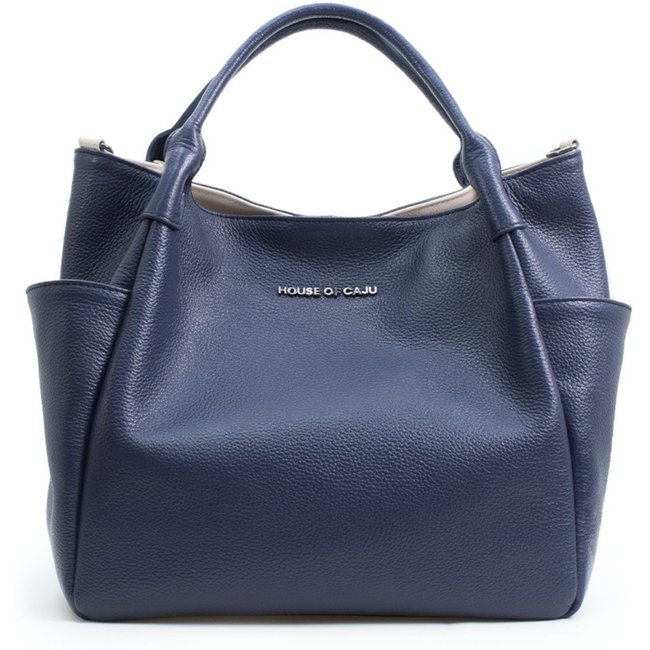 Bolsa Feminina Em Couro Alça de Mão Azul Marinho Com Off White “Valentina Rezende”