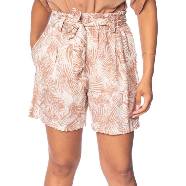 Short Feminino Giraffe Folhagens Cintura Alta Bege/Marrom