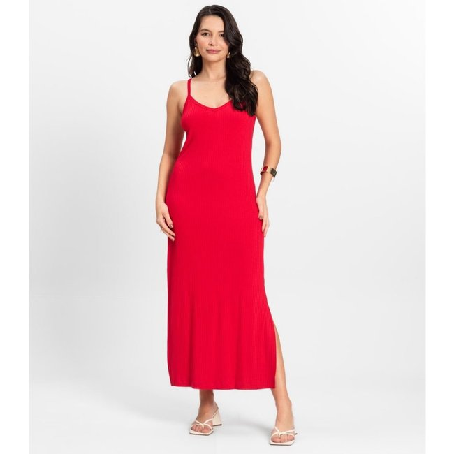 Vestido Midi em Ribana Canelada Rovitex Vermelho