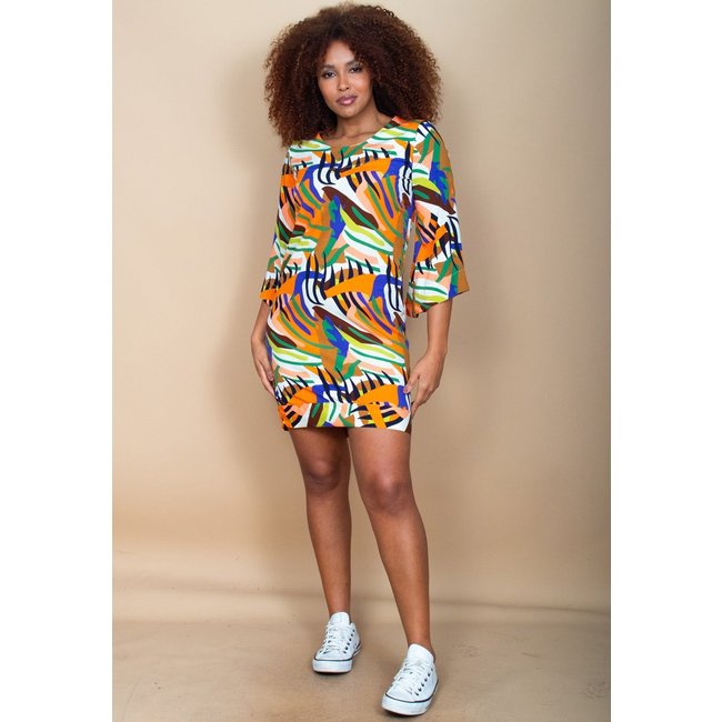 Vestido Curto Cabanafree Balli Manga Ampla Estampa Cores Vibrante