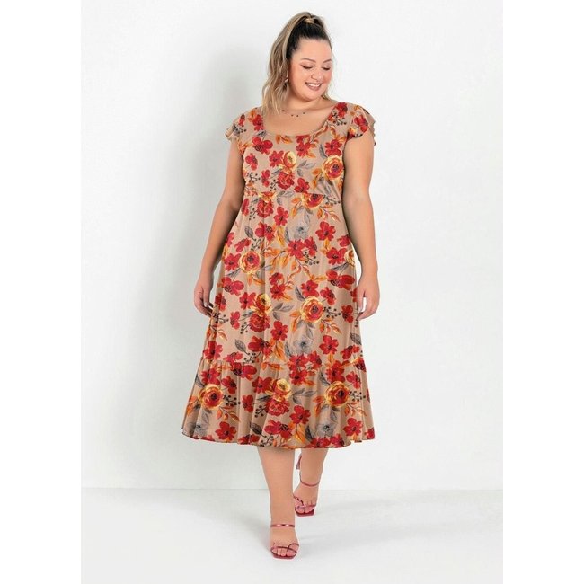 Vestido Midi Com Franzidos Plus Size Floral Bege Marguerite