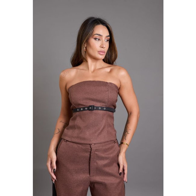 Blusa sem Alça Feminina Poliéster e Zíper Lemier Collection Marrom