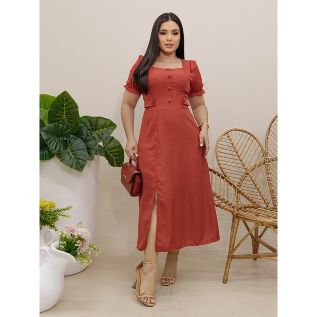 Vestido Elegante Moda Evangélica de Linho Decote Quadrado com Botões Elástico Social Terracota