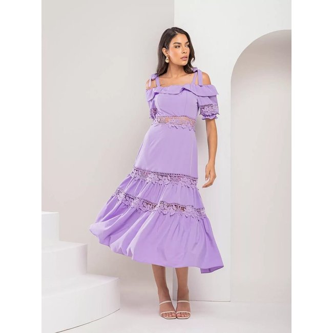 Vestido Midi Com Renda Guipir Lily Daisy LD270 Lilás