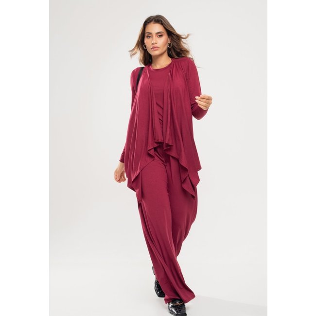 Conjunto Com Kimono, Blusa Manga Longa e Wide Leg Malha Salvatore Vinho