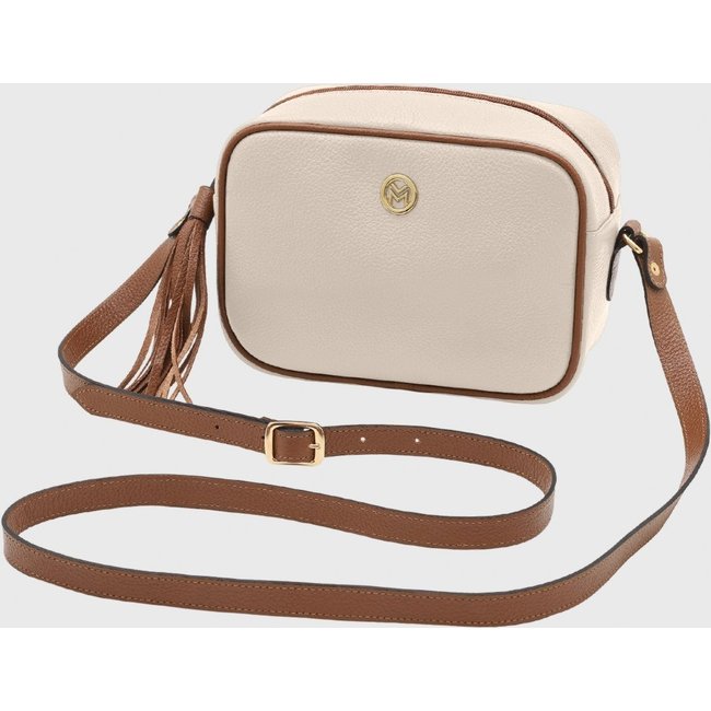Bolsa Transversal de Couro Mariart Titânio Off White/Camel