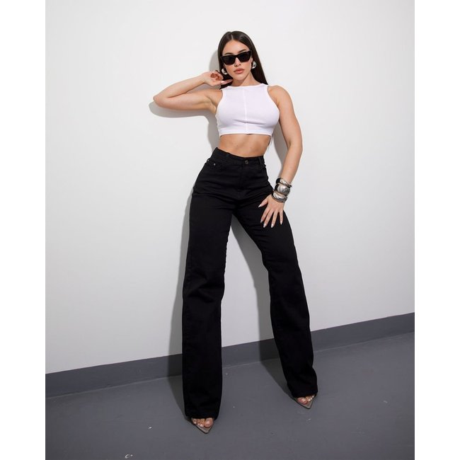 Calça Jeans Wide Leg Feminina Cintura Alta Básica com Elastano 28000 Preto Consciência