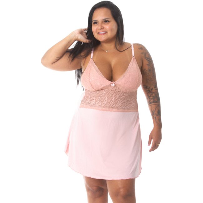 Camisola Feminina Renda Plus Size Sem Bojo Sexi Lingerie Pijama Linha Noite Confortável- ROSA