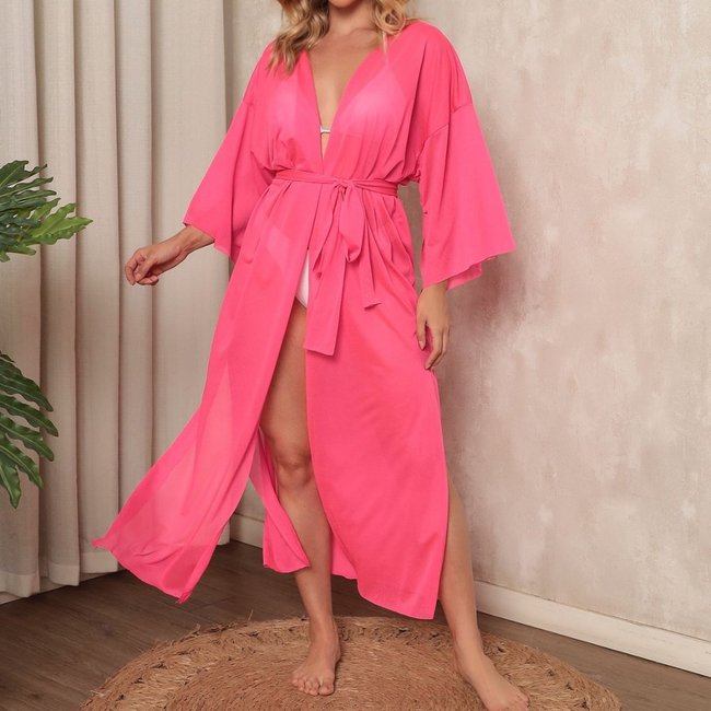 Saída De Praia Kimono Manga Longa Com Babado Amarração Verão Pink Neon