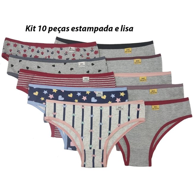 KIT 10 CALCINHAS DE ALGODÁO lisa e estampada REF 090