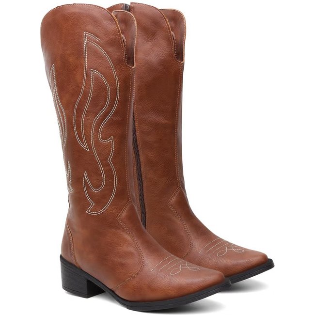 Bota Feminina Cano Alto Texana Western Bico Fino Bordada Salto Baixo Country Caramelo