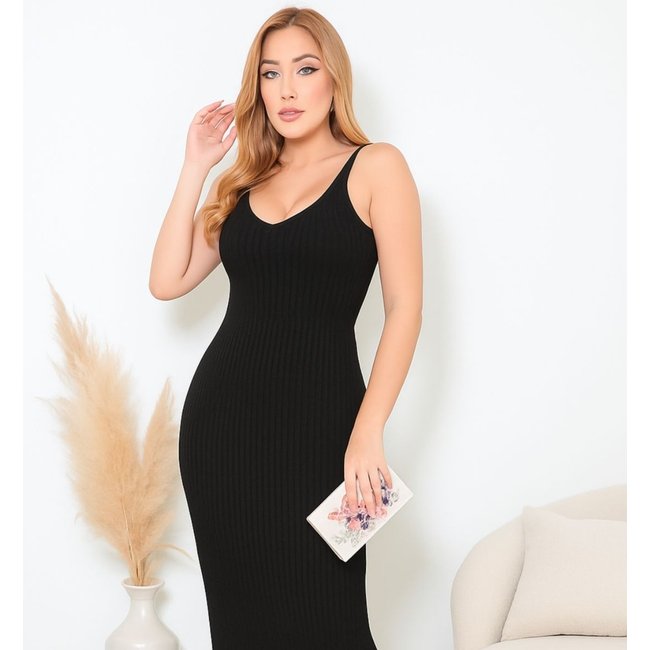 Vestido Vih Triny Tricô Modal Midi Feminino Justo Elegante Alças Finas Preto