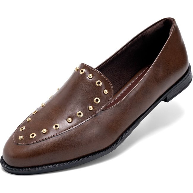 Mocassim Feminino Lumiss Baixo Bico Redondo Tachas Ilhós Dourado Confortável Marrom
