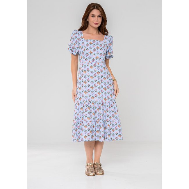 Vestido Aura Pietra Linho Floral Luzente Azul