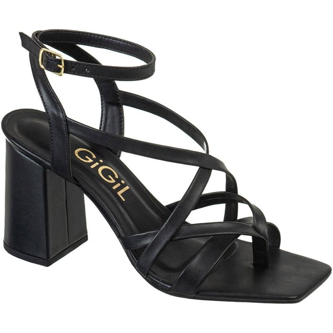 Sandália Feminina GiGiL Salto Alto Bloco Bico Quadrado Tiras Cruzadas Fivela Casual Preto