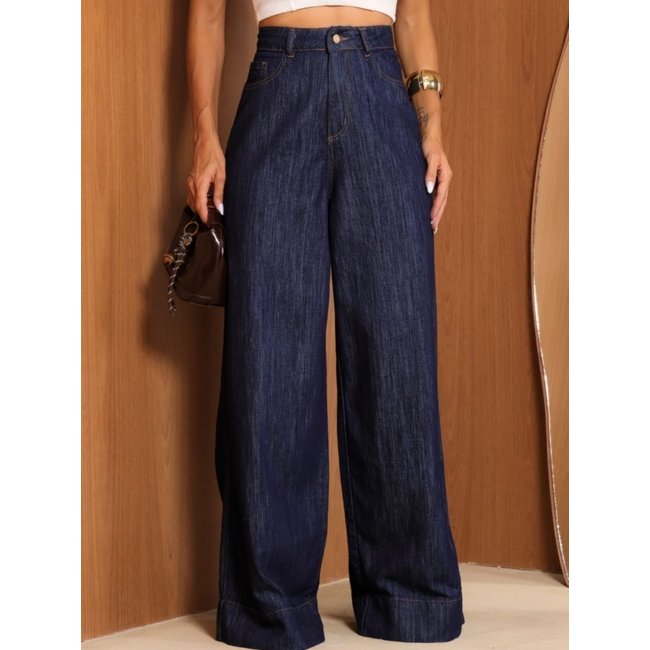Calça Jeans Crawling Azul Escuro Pantalona Cintura Alta Feminina