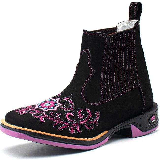 Bota Feminina RR Botas Texana Country Couro Boradado Flor Bico Quadrado Preto Rosa